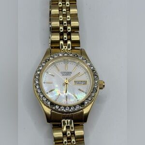 Citizen Gold Tone Women’s Watch with Mother-of-Pearl Dial and Crystals